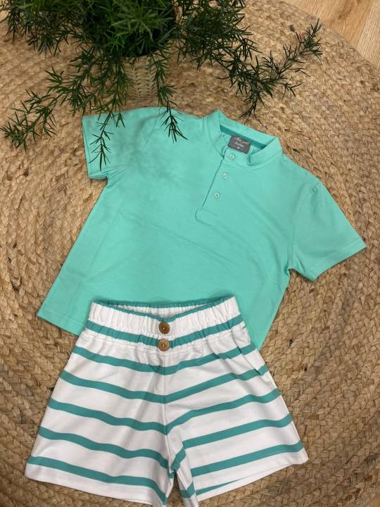 Conjunto pantalón rayas + polo cuello mao