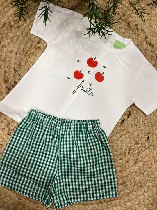 Conjunto camiseta + pantalón corto manzanas niño